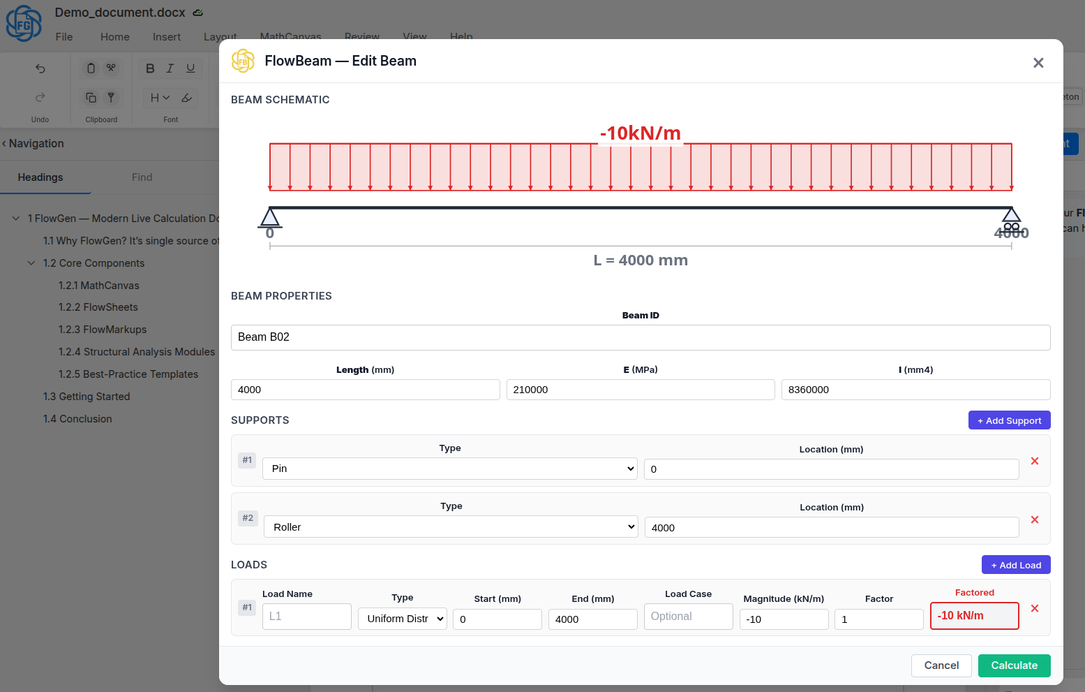 FlowBeam analysis editor with beam configuration